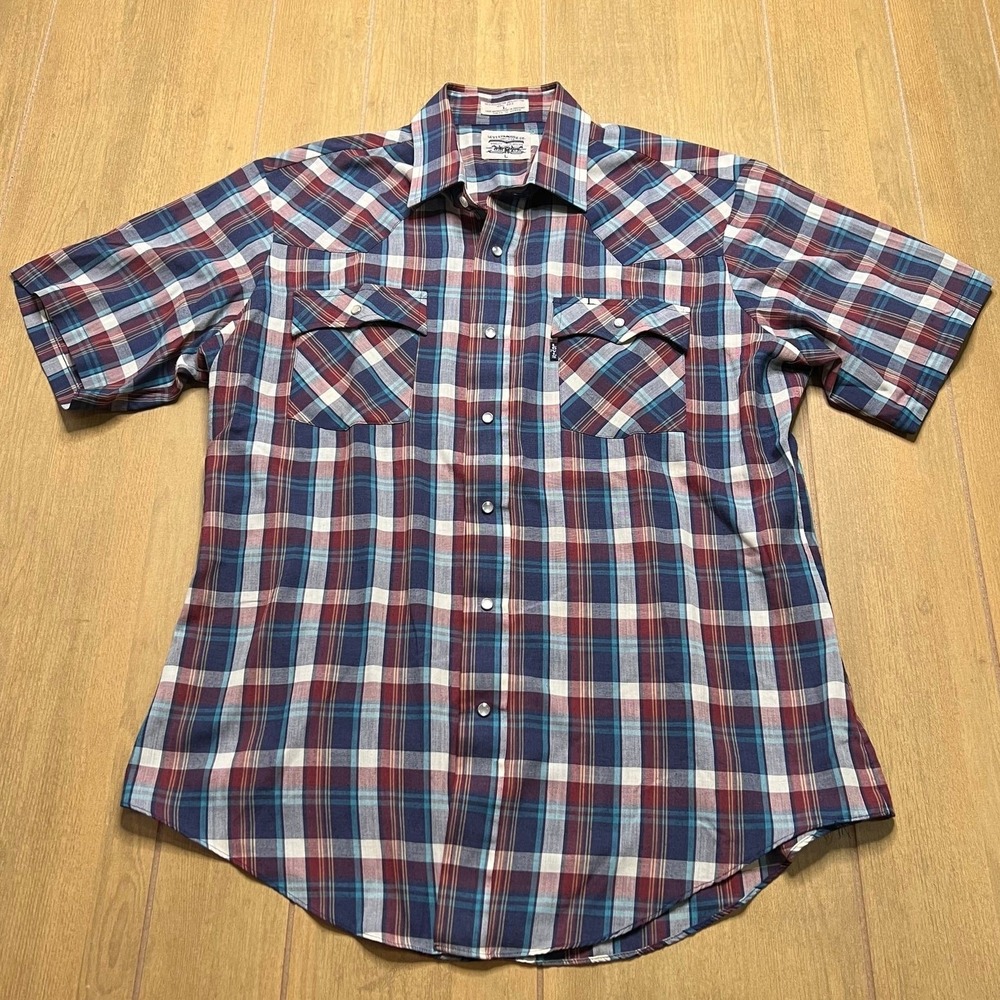 Levi's Western‎ Shirt Mens Large Blue Red Plaid Pearl Snap Short Sleeve Vintage